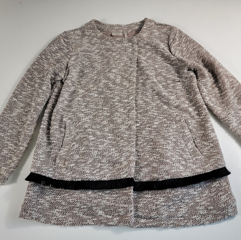 LOGO BY LORI GOLDSTEIN BOUCLE COATIGAN W/FRINGE DETAIL GRAY medium M - Picture 4 of 10